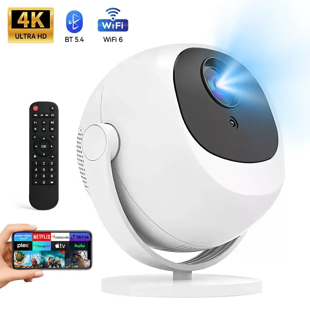 White 5G 4K Smart LED Projector in Black with Bluetooth and WiFi for Home Theater