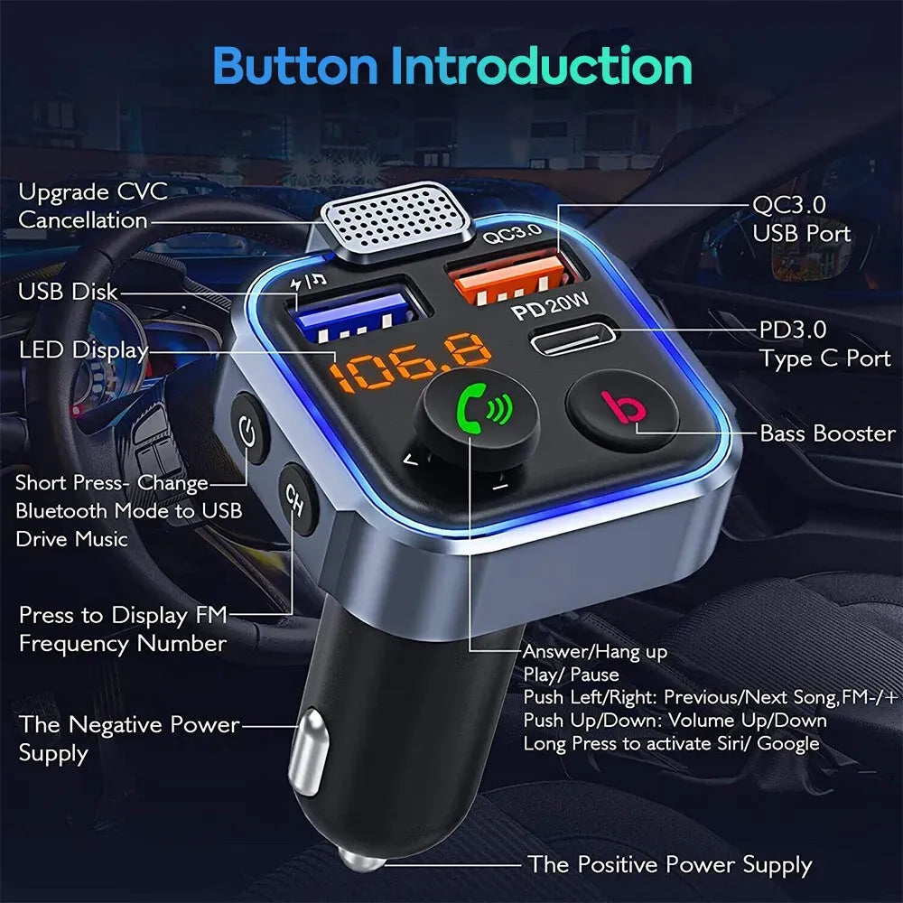 Bluetooth 5.0 FM Transmitter Car Adapter with PD 20W Fast Charger and Dual USB Ports in Black