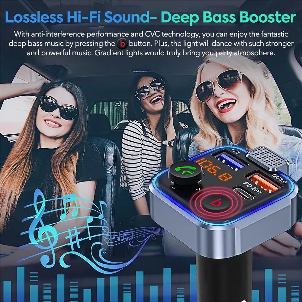 Bluetooth 5.0 FM Transmitter Car Adapter with PD 20W Fast Charger and Dual USB Ports in Black
