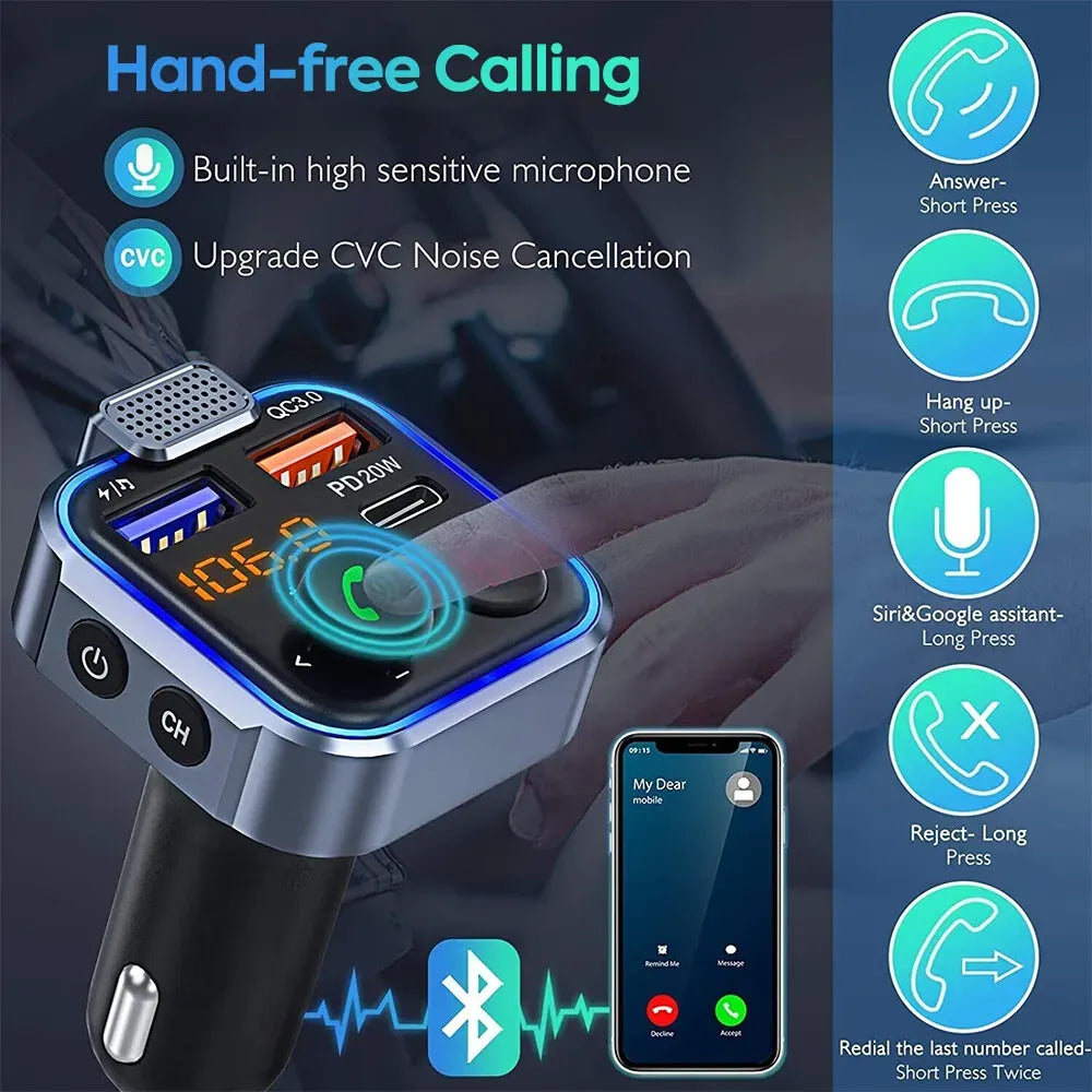 Bluetooth 5.0 FM Transmitter Car Adapter with PD 20W Fast Charger and Dual USB Ports in Black