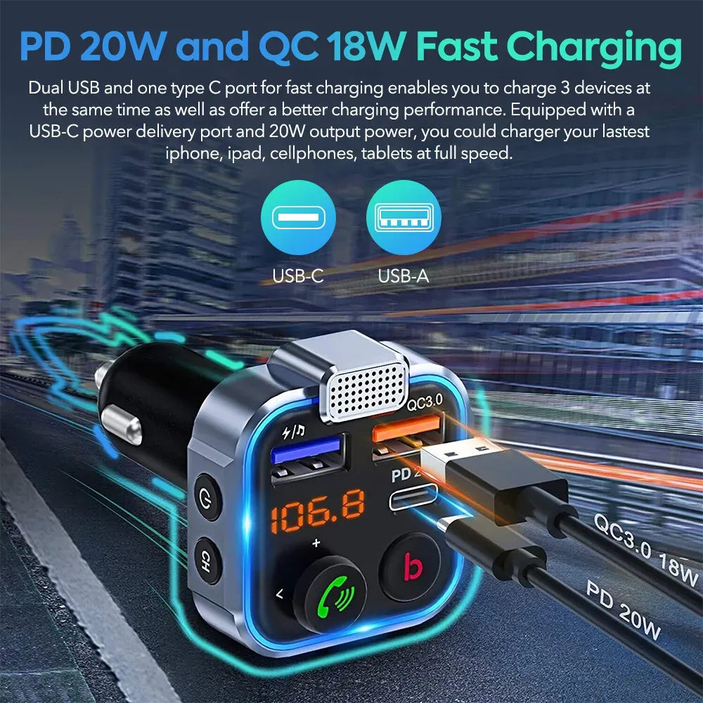 Bluetooth 5.0 FM Transmitter Car Adapter with PD 20W Fast Charger and Dual USB Ports in Black