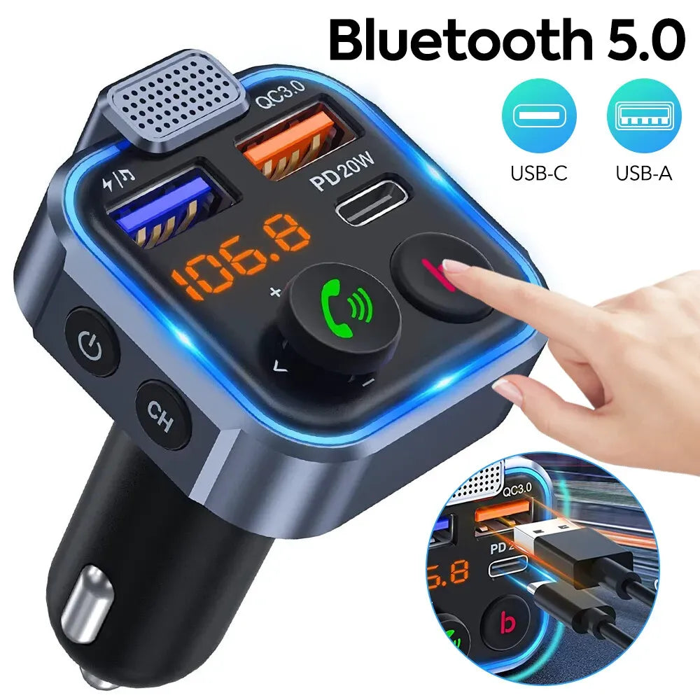 Bluetooth 5.0 FM Transmitter Car Adapter with PD 20W Fast Charger and Dual USB Ports in Black