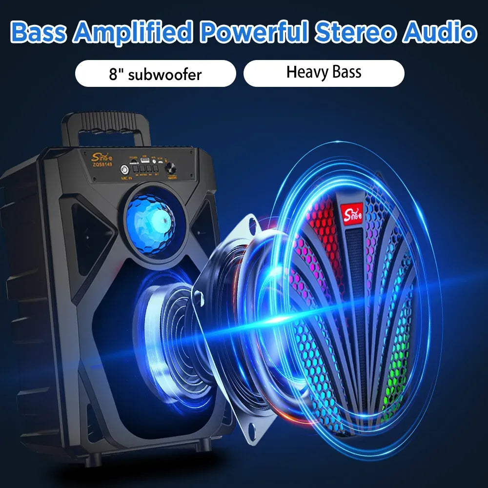 2000W Portable Bluetooth Speaker with Subwoofer, Black, Karaoke Mic, 8" Woofer