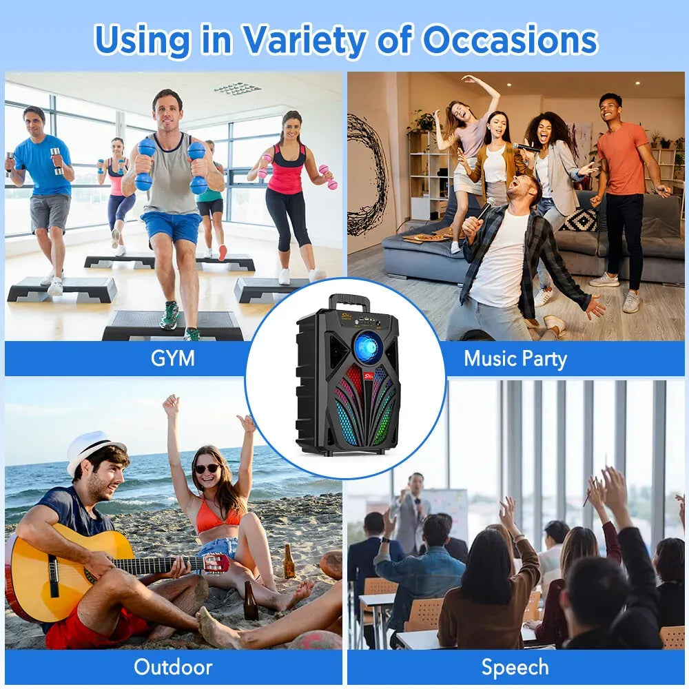 2000W Portable Bluetooth Speaker with Subwoofer, Black, Karaoke Mic, 8" Woofer