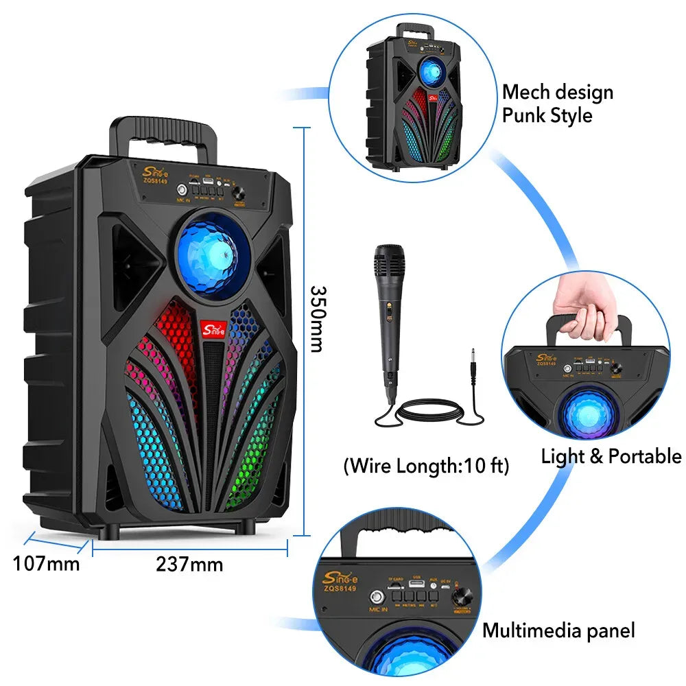 2000W Portable Bluetooth Speaker with Subwoofer, Black, Karaoke Mic, 8" Woofer