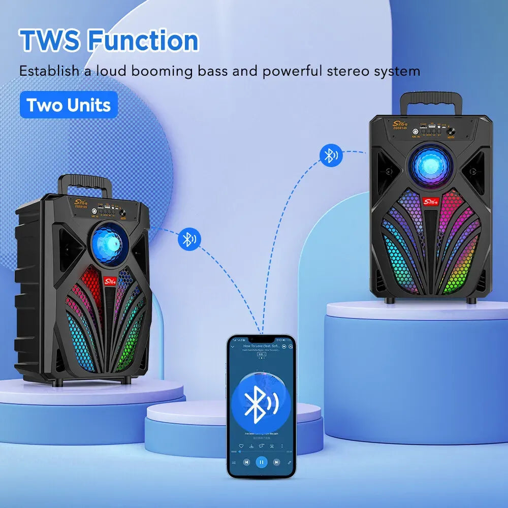 2000W Portable Bluetooth Speaker with Subwoofer, Black, Karaoke Mic, 8" Woofer