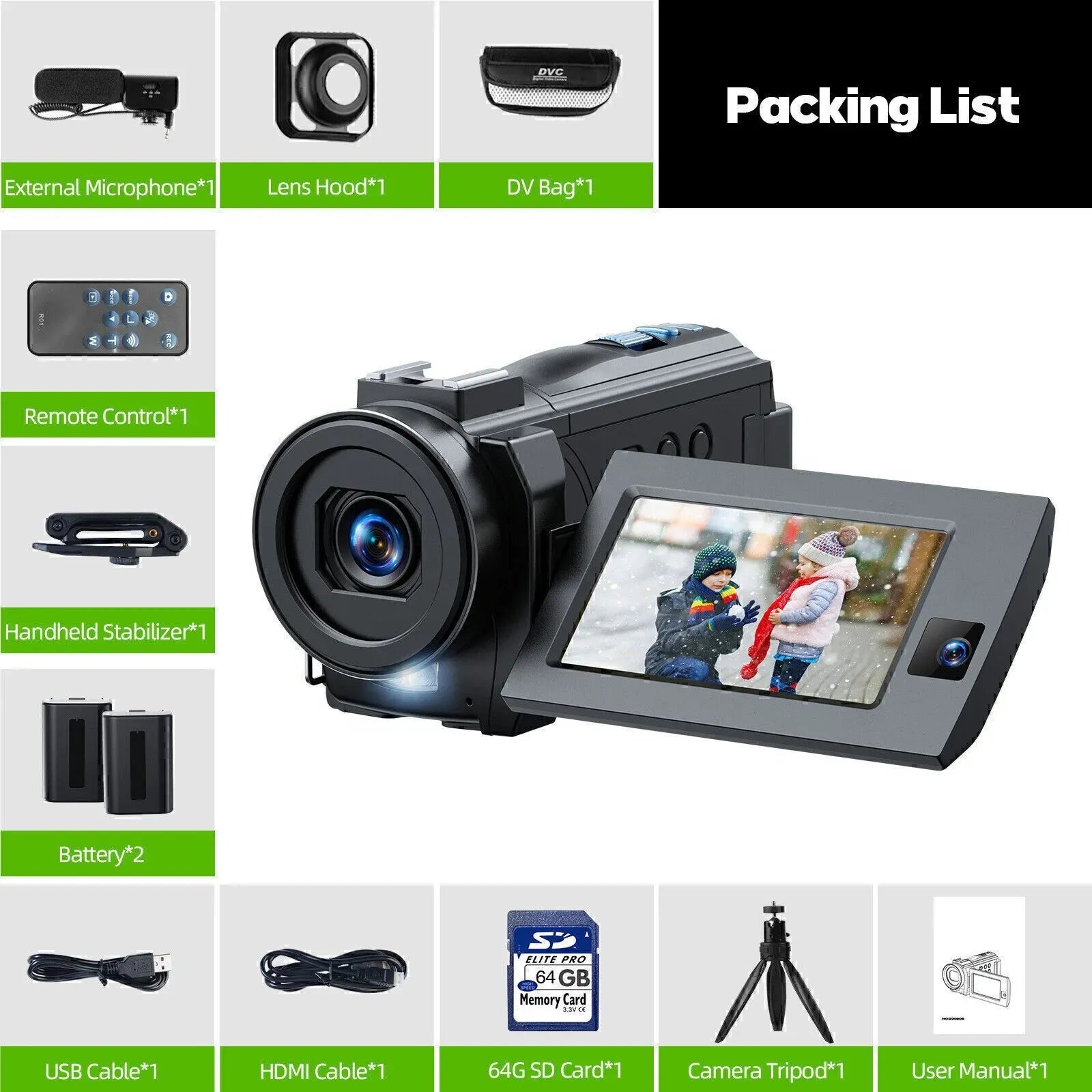 5K Video Camera with 56MP Dual Lens, WiFi, IR Night Vision, and 64GB SD Card in Black