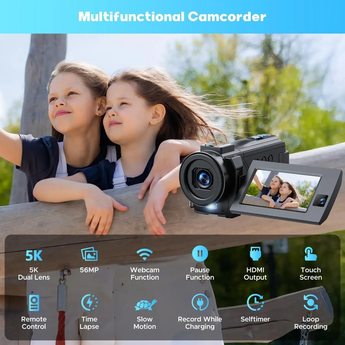 5K Video Camera with 56MP Dual Lens, WiFi, IR Night Vision, and 64GB SD Card in Black