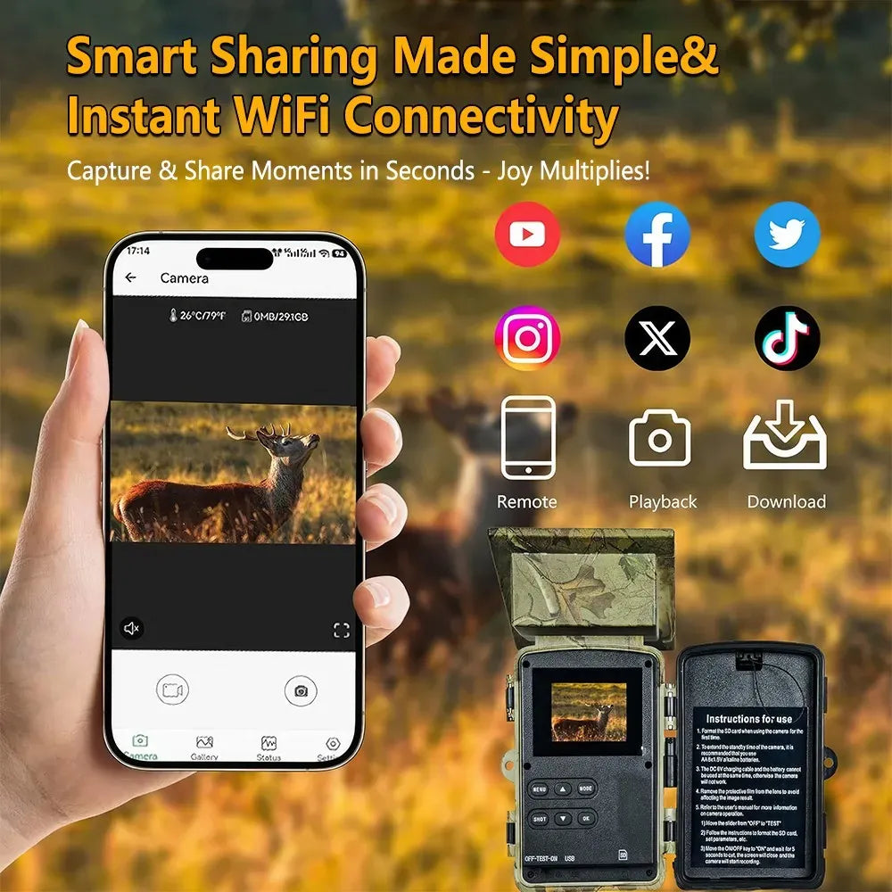 4K 60MP Black Solar Trail Camera with Night Vision and Wi-Fi Connectivity