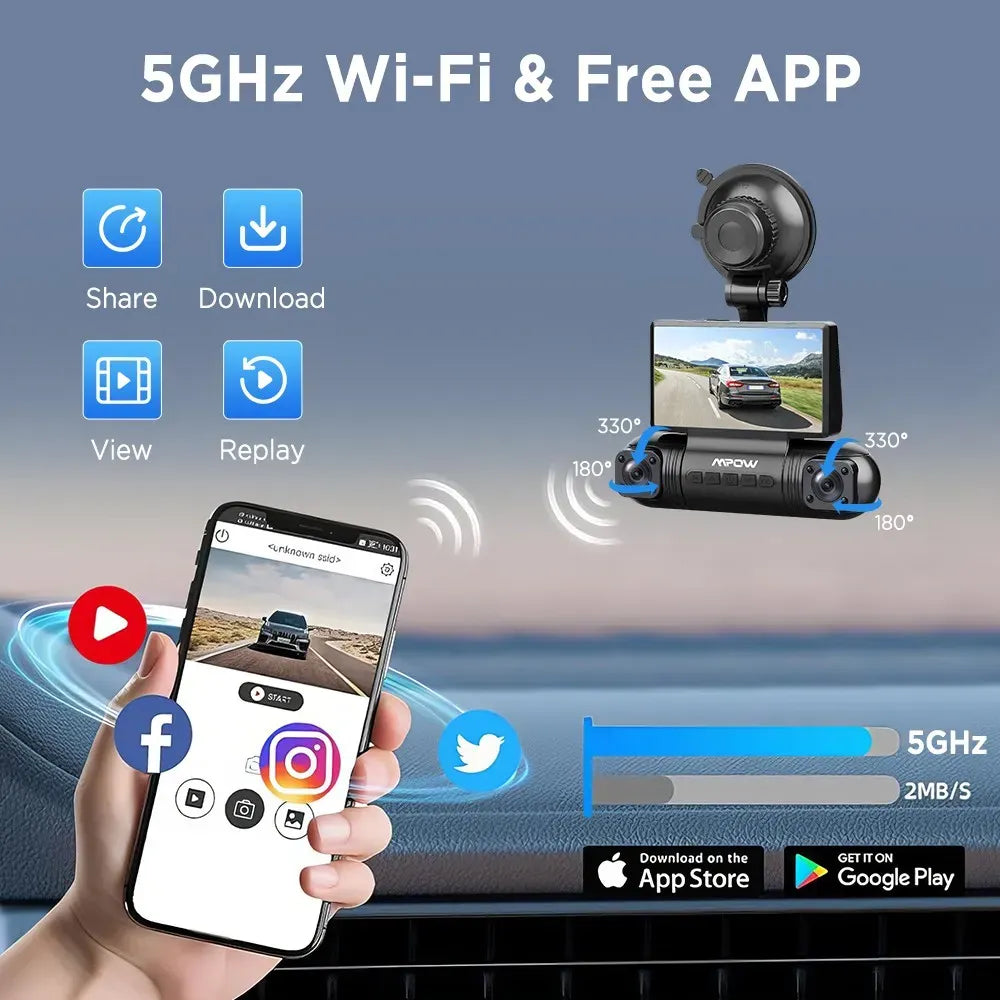 4K 360° Dual Dash Cam with 5G WiFi and GPS, Black, 2K Front and Rear Car Camera, Night Vision
