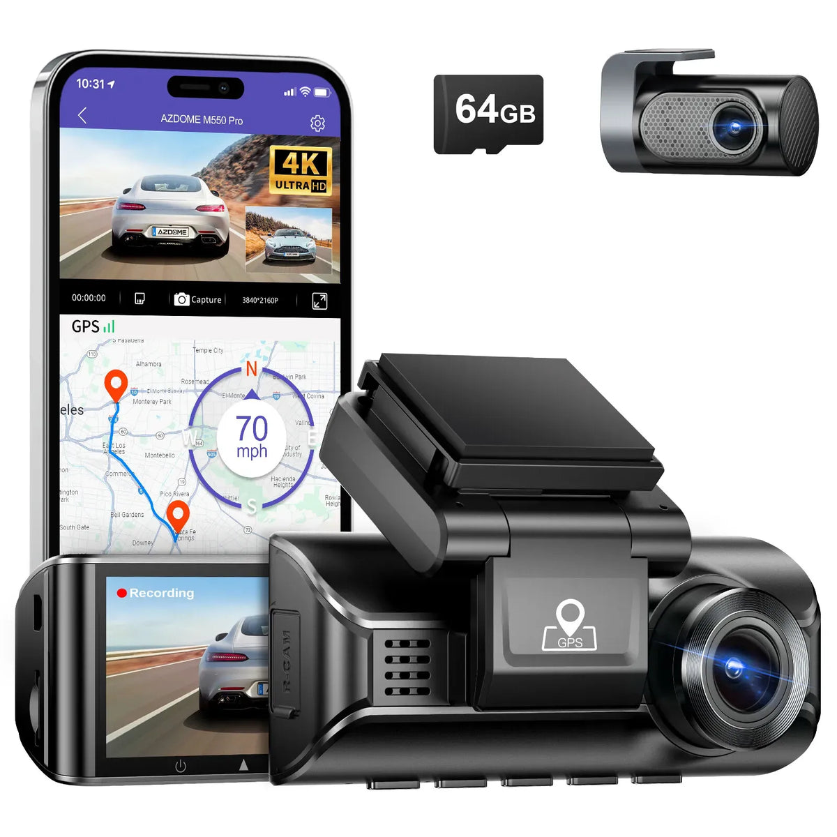 3.19" Black IPS Dual Dash Cam with 4K+1080P, 5G WiFi, GPS, Night Vision &amp; Free 64GB Card