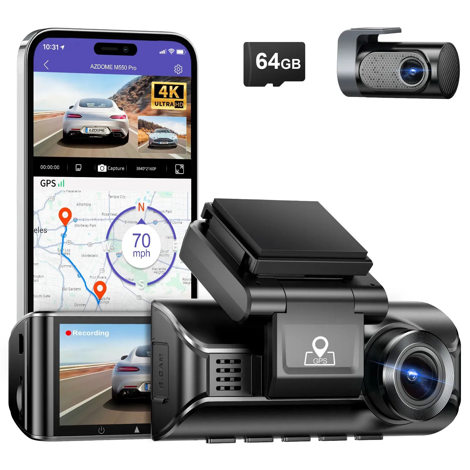 3.19" Black IPS Dual Dash Cam with 4K+1080P, 5G WiFi, GPS, Night Vision & Free 64GB Card