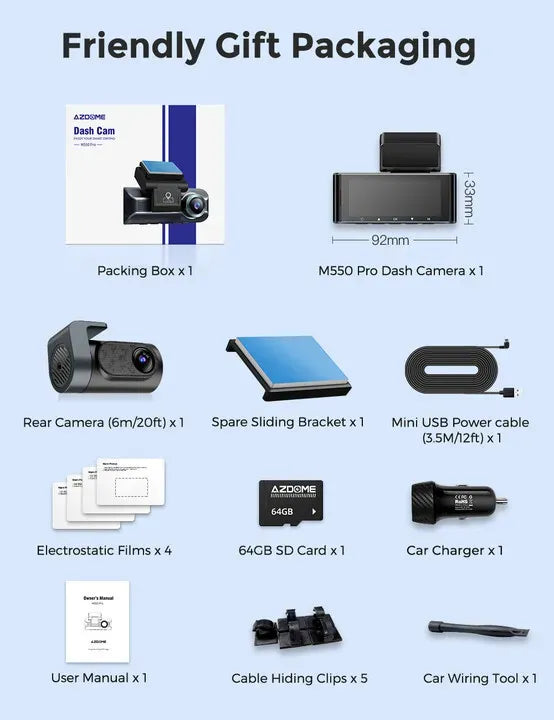 3.19" Black IPS Dual Dash Cam with 4K+1080P, 5G WiFi, GPS, Night Vision & Free 64GB Card