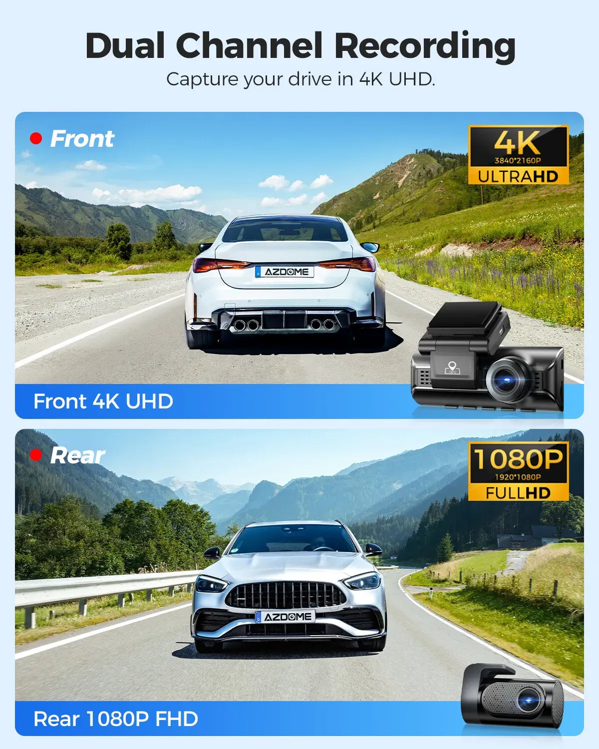 3-Channel 4K+1080P Dash Cam with 5G WiFi, GPS, and Parking Mode - Black