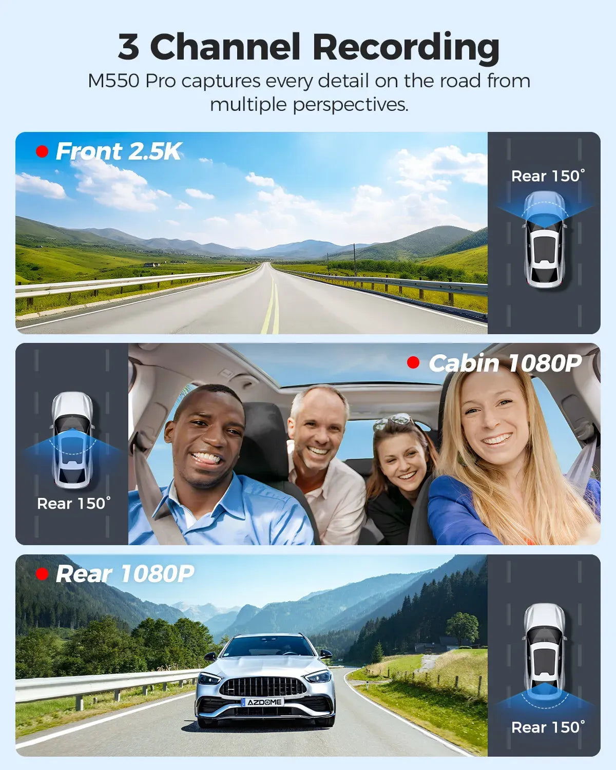 3-Channel 4K+1080P Dash Cam with 5G WiFi, GPS, and Parking Mode - Black