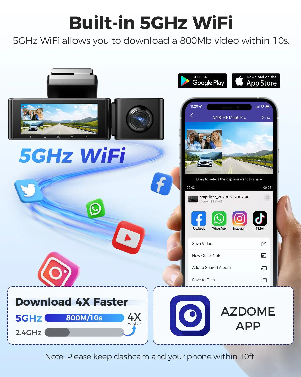 3-Channel 4K+1080P Dash Cam with 5G WiFi, GPS, and Parking Mode - Black