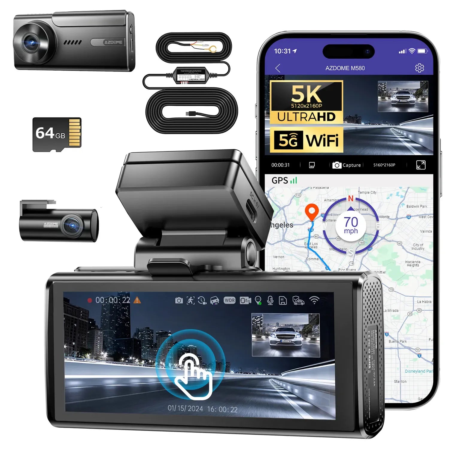 5K Dash Cam with 4" Screen, 5GHz WiFi, GPS, 128GB Card, and Hardware Kit