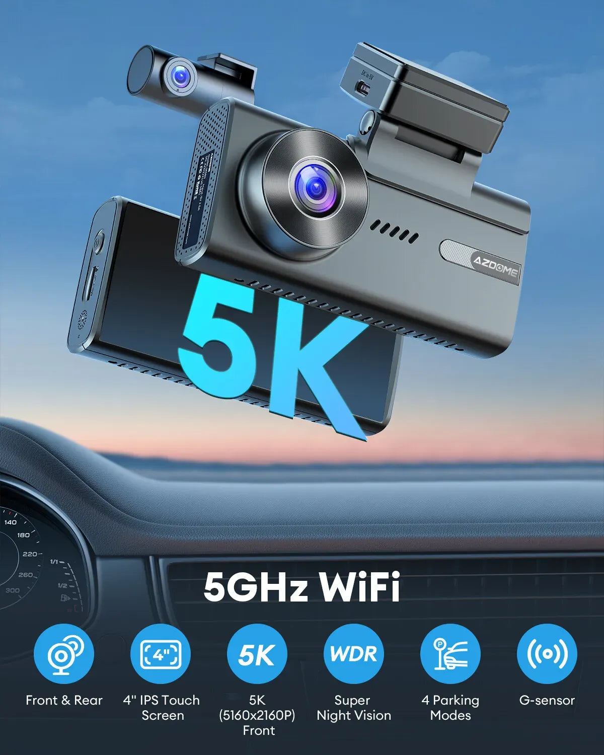 5K Dash Cam with 4" Screen, 5GHz WiFi, GPS, 128GB Card, and Hardware Kit