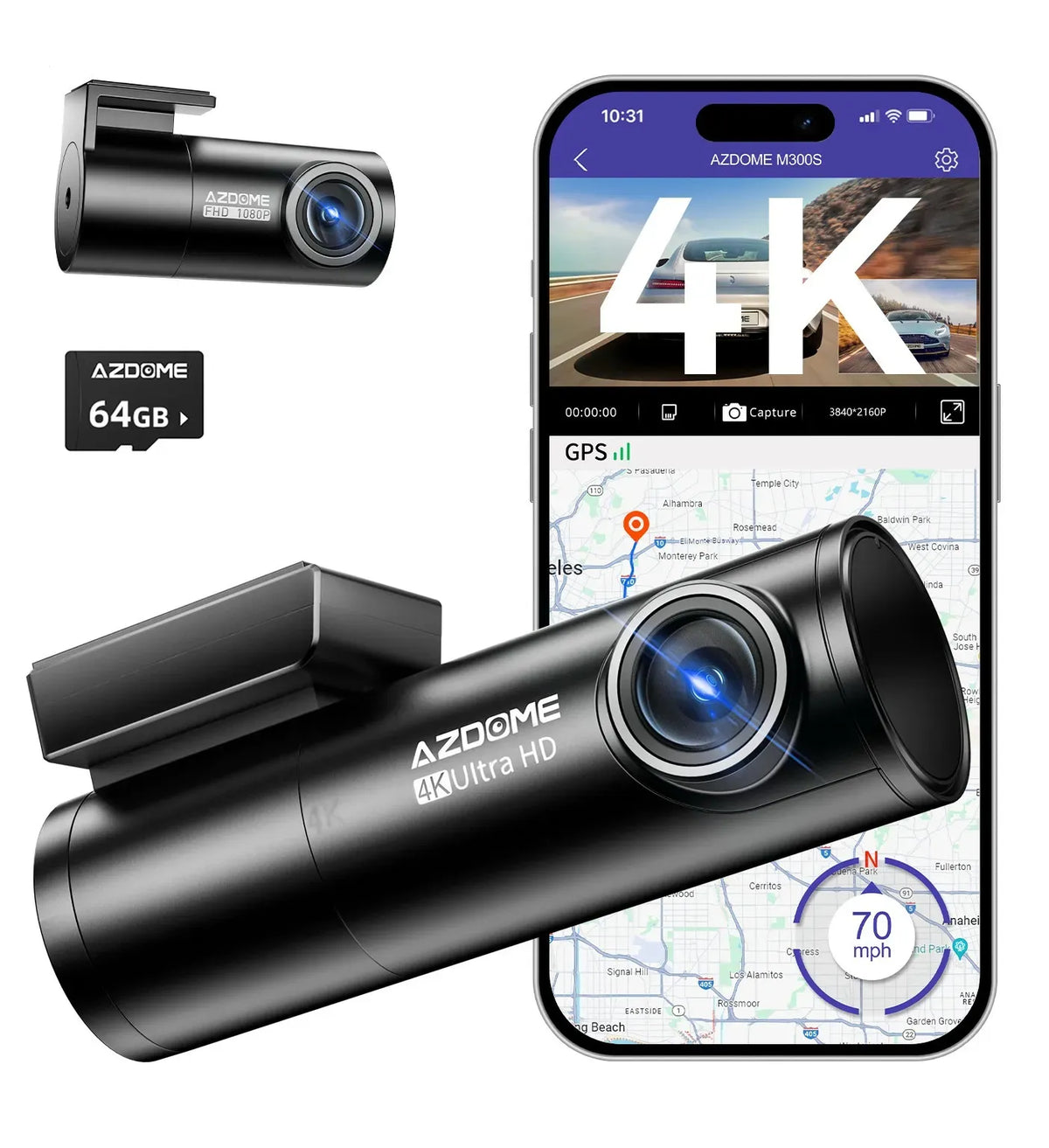 4K Dual Dash Cam Black with 5G WiFi, GPS, Front and Rear, 24H Parking Mode, Free 64GB SD Card