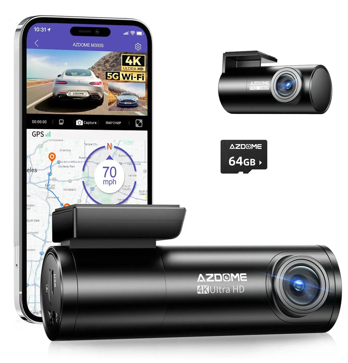 4K Black Dash Cam with 5.8GHz WiFi, GPS, Front &amp; Rear Recording, 24-Hour Parking Mode, 64GB Card
