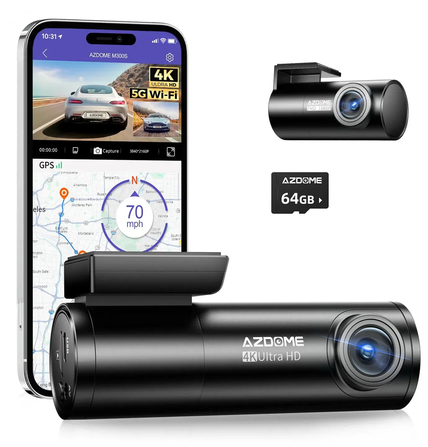 4K Black Dash Cam with 5.8GHz WiFi, GPS, Front & Rear Recording, 24-Hour Parking Mode, 64GB Card