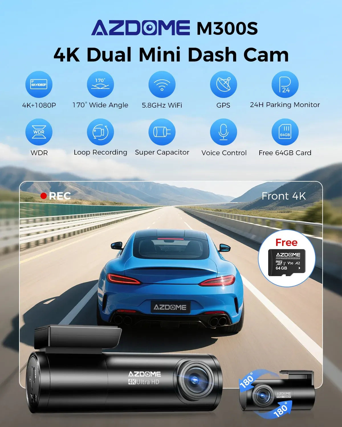 4K Black Dash Cam with 5.8GHz WiFi, GPS, Front & Rear Recording, 24-Hour Parking Mode, 64GB Card