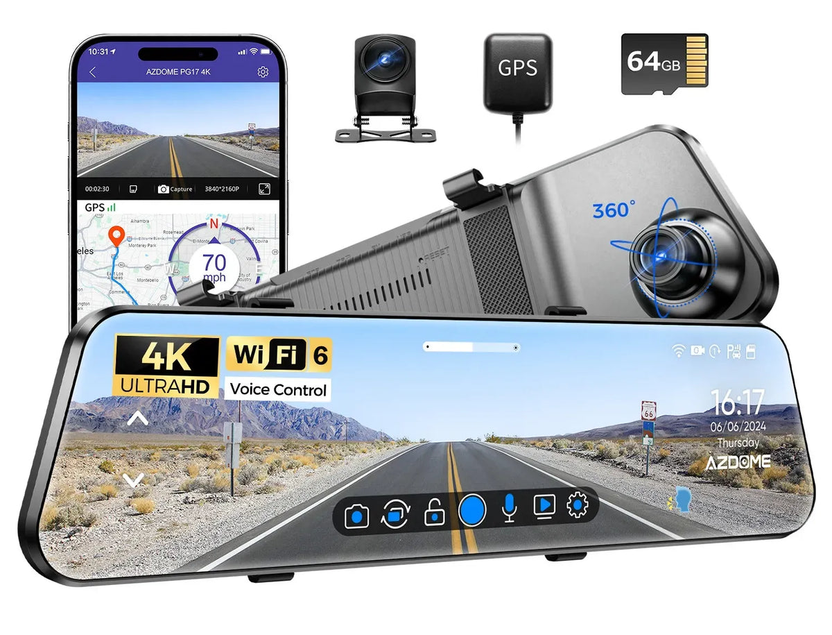 12" Black Dual 4K+1080P Rear View Mirror Dash Cam with WiFi 6, GPS, Night Vision, 64GB