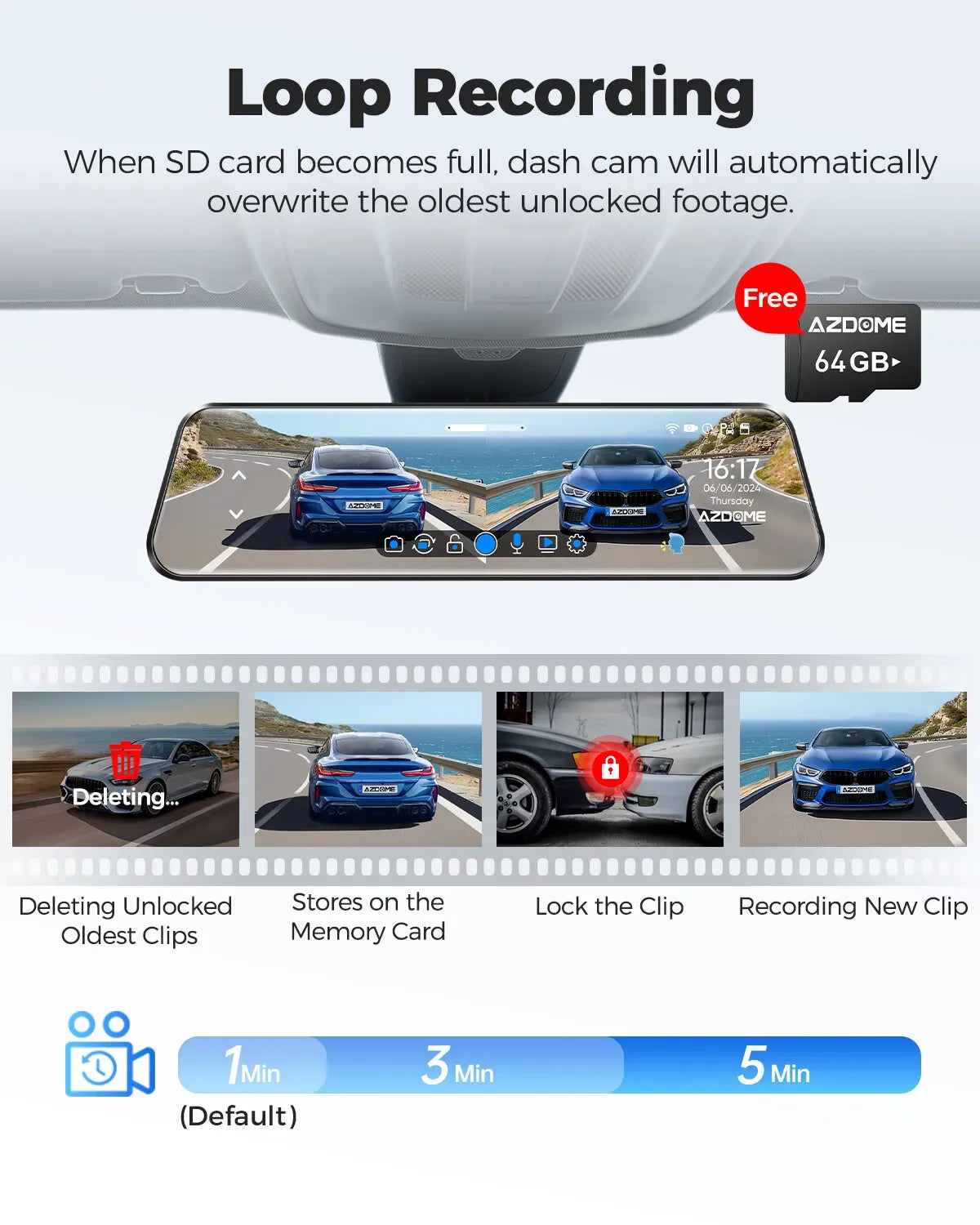 12" Black Dual 4K+1080P Rear View Mirror Dash Cam with WiFi 6, GPS, Night Vision, 64GB