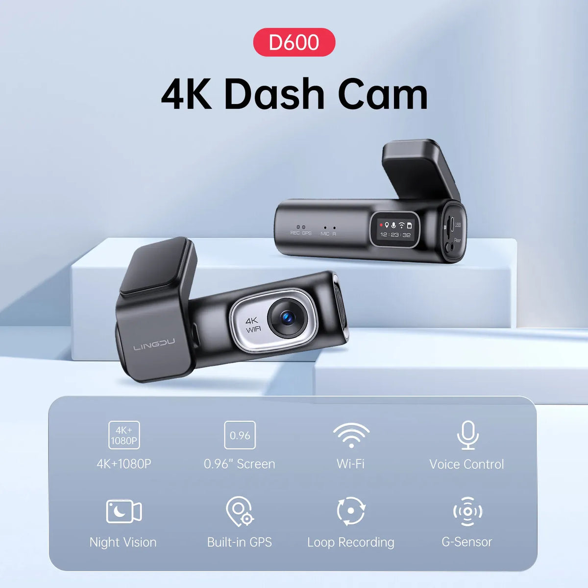 2 Channel 4K Dashcam with 1080P, 5G WiFi, GPS, Parking Monitor, Voice Control, Free 64GB TF Card