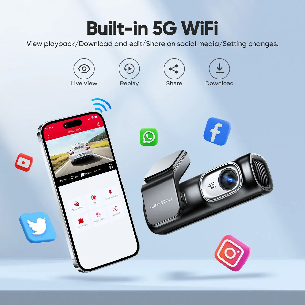 2 Channel 4K Dashcam with 1080P, 5G WiFi, GPS, Parking Monitor, Voice Control, Free 64GB TF Card