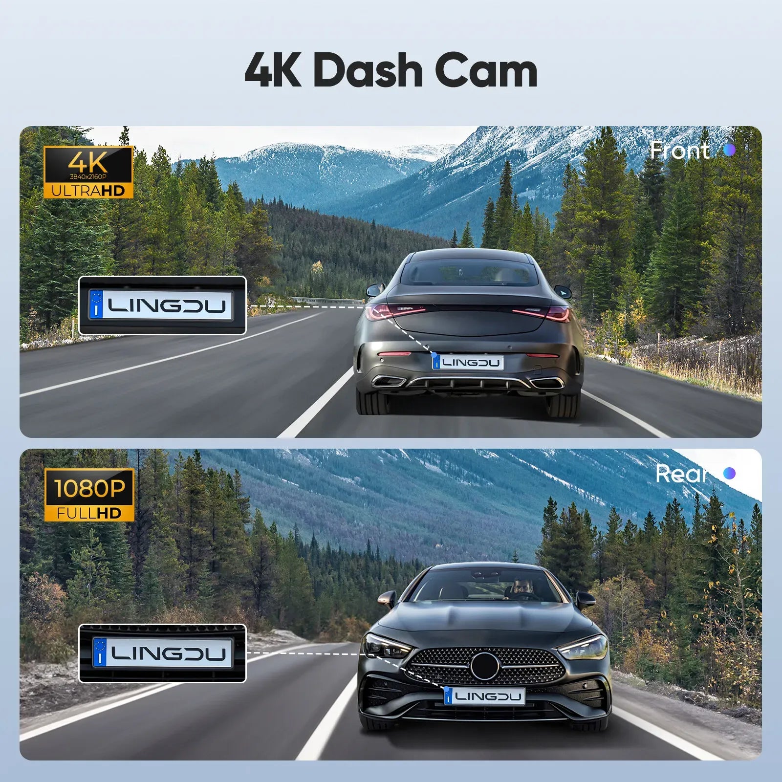 2 Channel 4K Dashcam with 1080P, 5G WiFi, GPS, Parking Monitor, Voice Control, Free 64GB TF Card