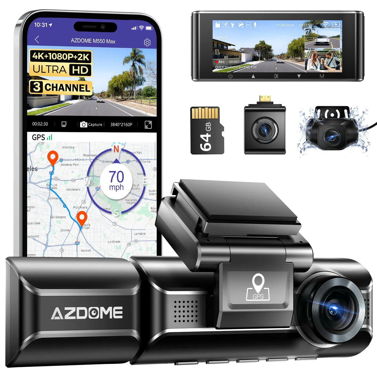 3 Channel Dash Cam in Black with WiFi, GPS, 4K+1080P+2.5K, 64GB Card, Parking Mode