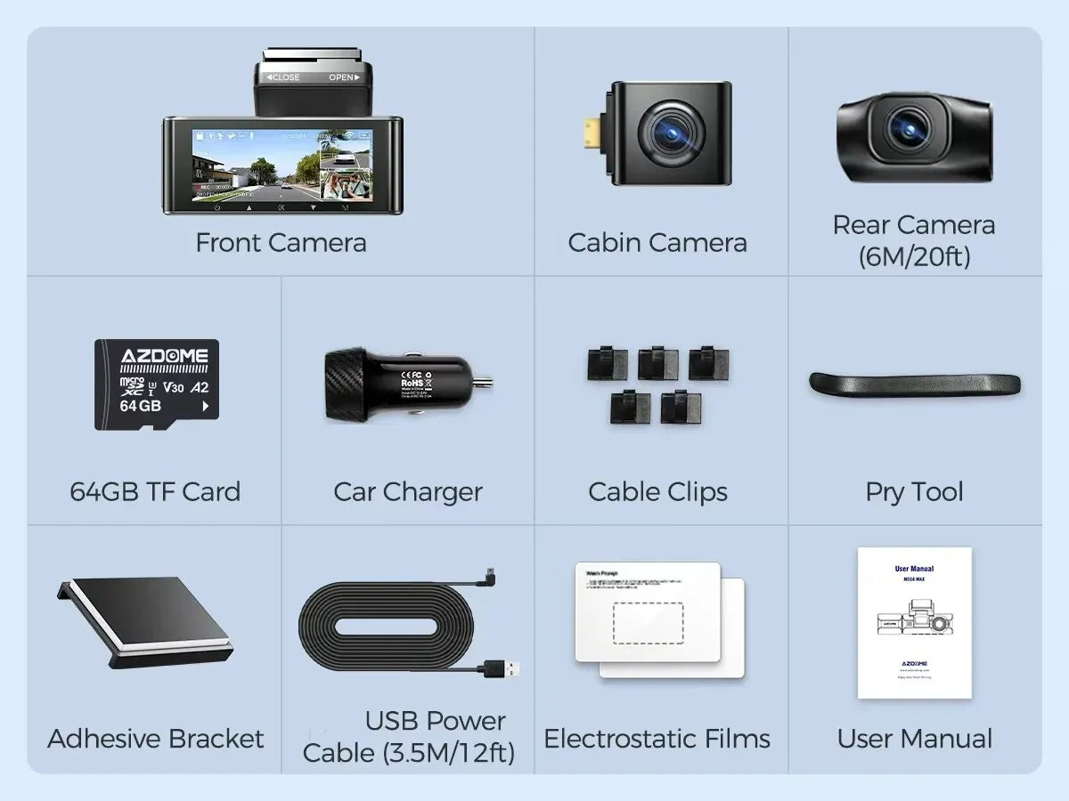 3 Channel Dash Cam in Black with WiFi, GPS, 4K+1080P+2.5K, 64GB Card, Parking Mode