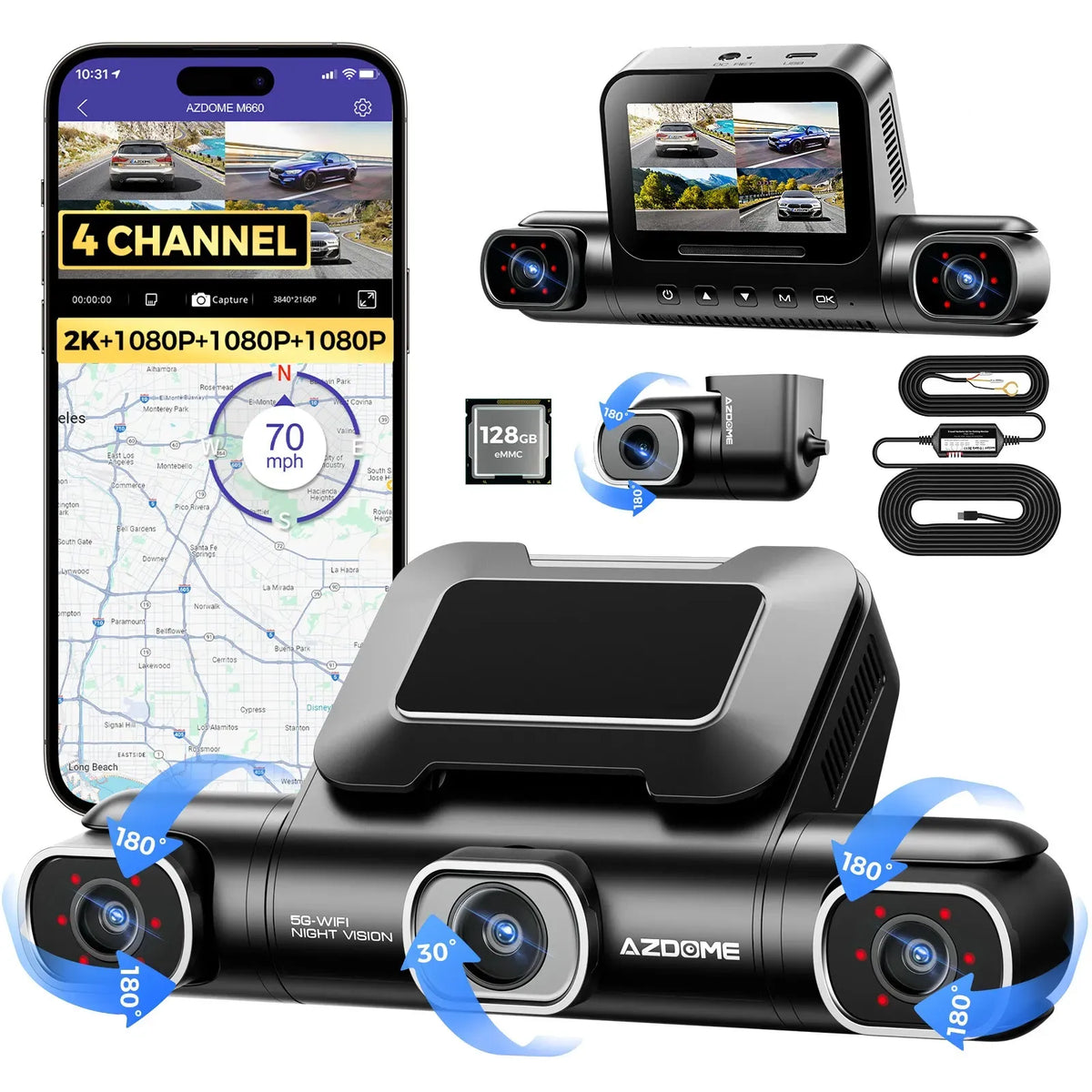 4 Channel 4K Dash Cam with 5G WiFi, GPS, 128GB eMMC, and Hardwire Kit