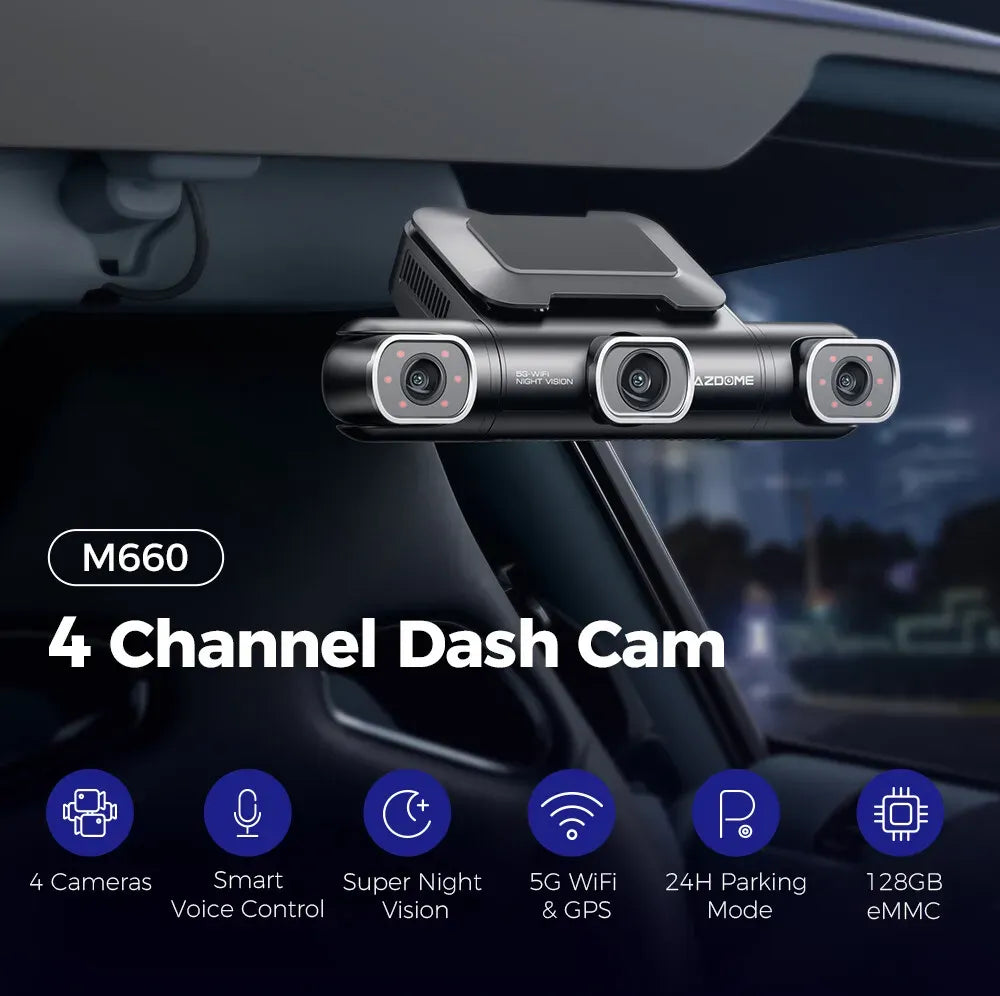 4 Channel 4K Dash Cam with 5G WiFi, GPS, 128GB eMMC, and Hardwire Kit