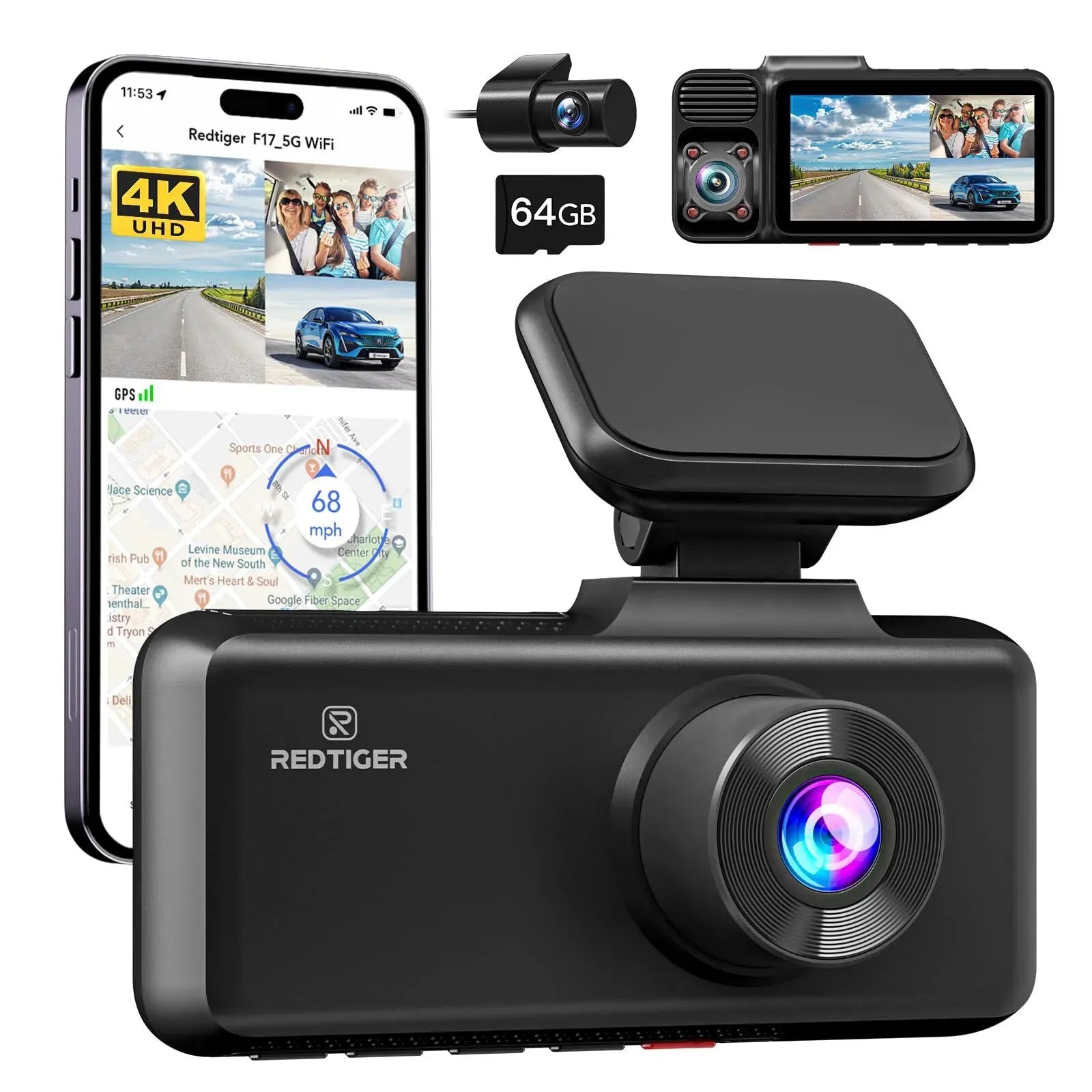 4K 3 Channel Dash Cam with 5G WiFi, Front, Rear, and Inside Recording, Free 64GB SD Card