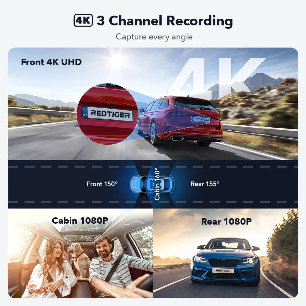 4K 3 Channel Dash Cam with 5G WiFi, Front, Rear, and Inside Recording, Free 64GB SD Card