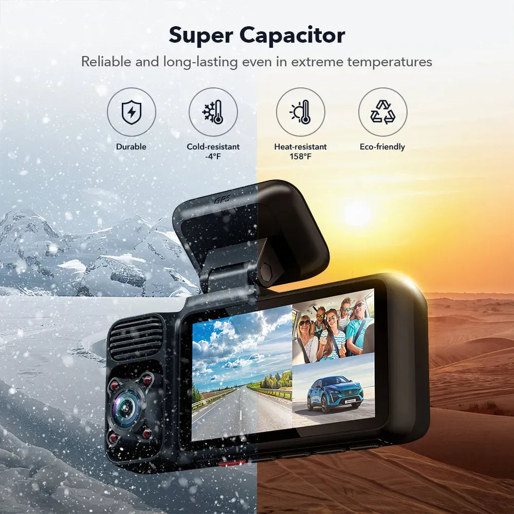 4K 3 Channel Dash Cam with 5G WiFi, Front, Rear, and Inside Recording, Free 64GB SD Card