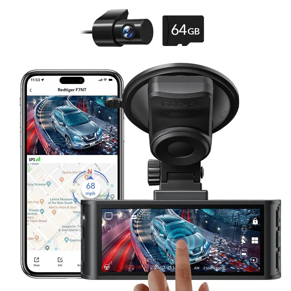 4K Dash Camera with Touch Screen, Black, Front and Rear, 64GB Card Included