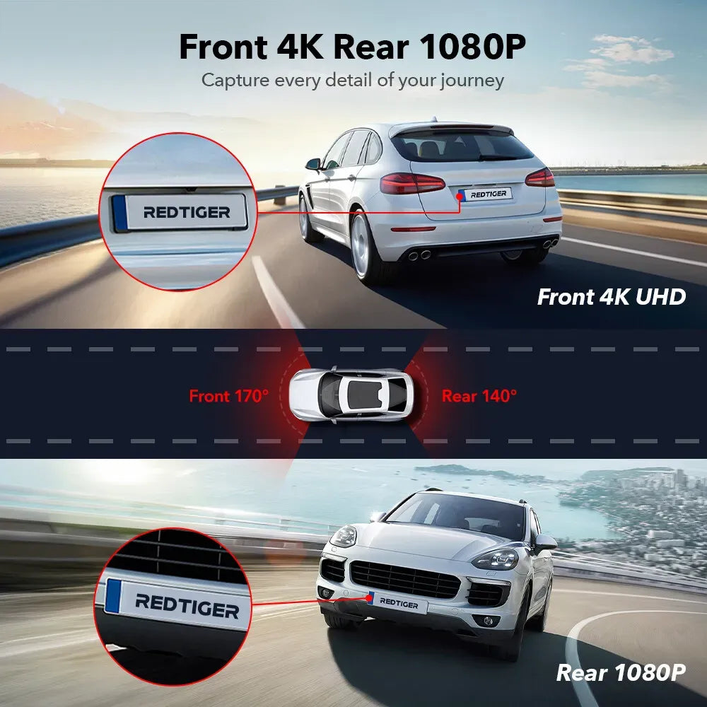 4K Dash Camera with Touch Screen, Black, Front and Rear, 64GB Card Included