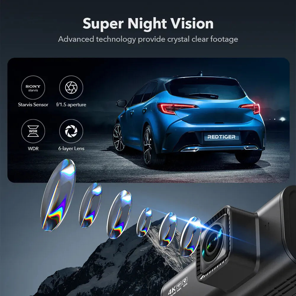 4K Dash Camera with Touch Screen, Black, Front and Rear, 64GB Card Included
