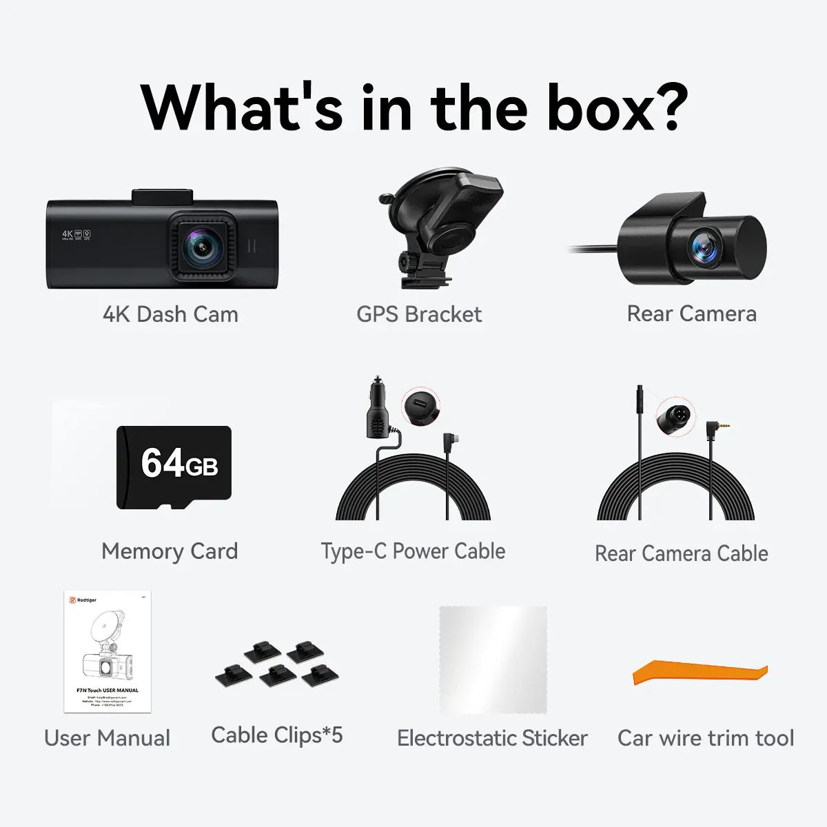 4K Dash Camera with Touch Screen, Black, Front and Rear, 64GB Card Included