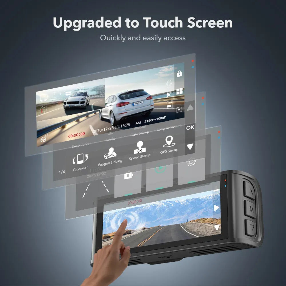 4K Dash Camera with Touch Screen, Black, Front and Rear, 64GB Card Included