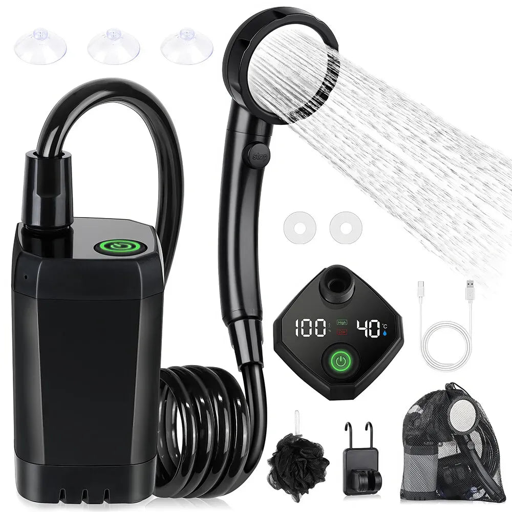 Portable Black Camping Shower with 6000mAh Rechargeable Battery and LED Display