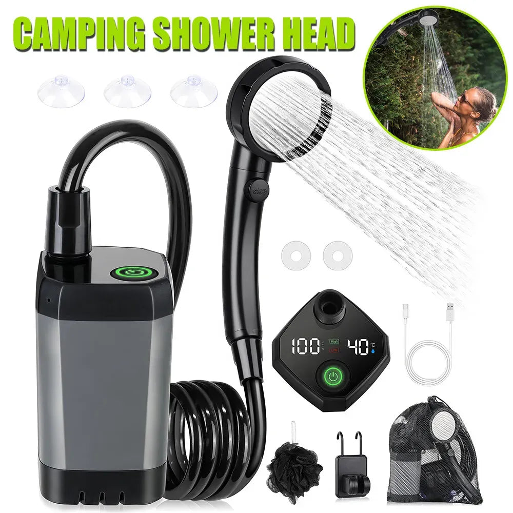 Portable Black Camping Shower with 6000mAh Rechargeable Battery and LED Display