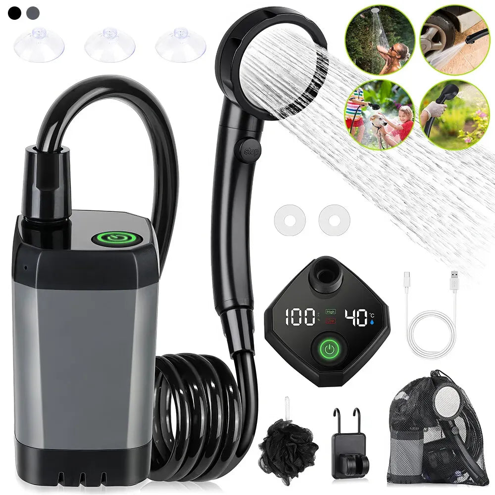 Portable Black Camping Shower with 6000mAh Rechargeable Battery and LED Display