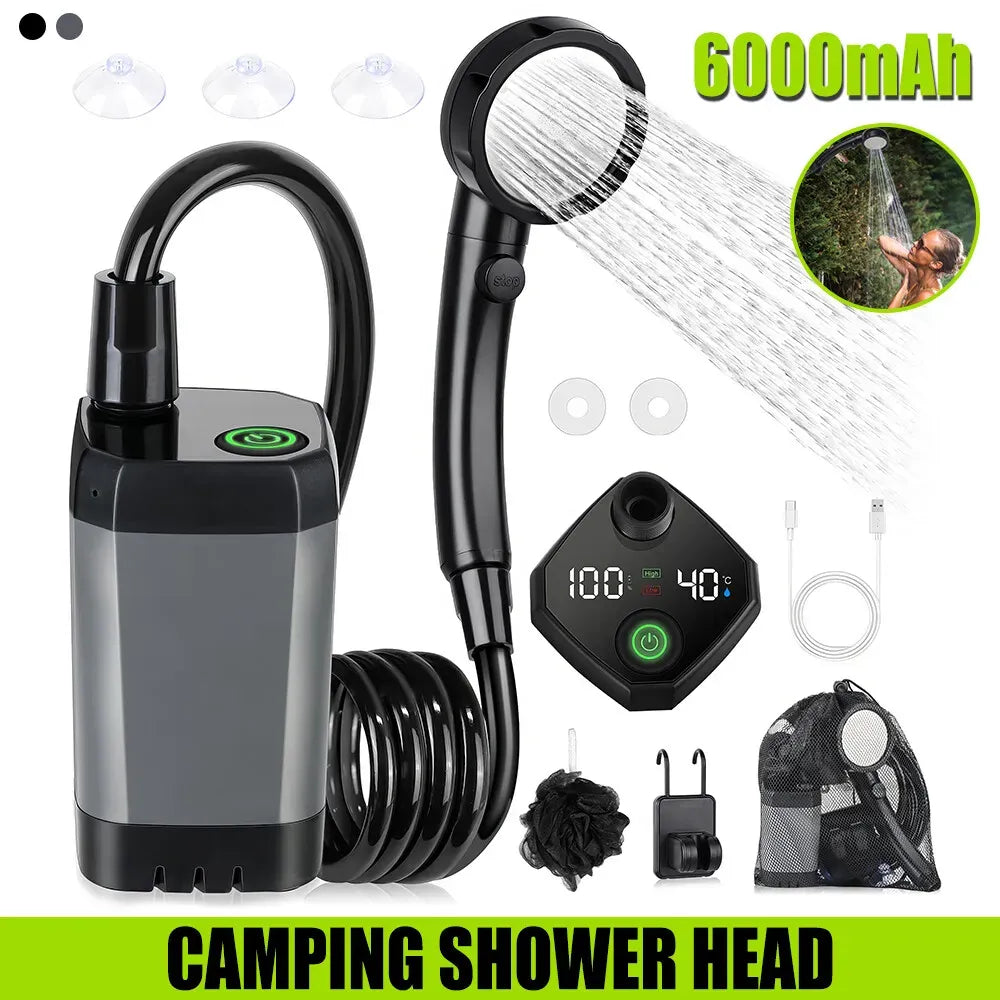 Portable Black Camping Shower with 6000mAh Rechargeable Battery and LED Display