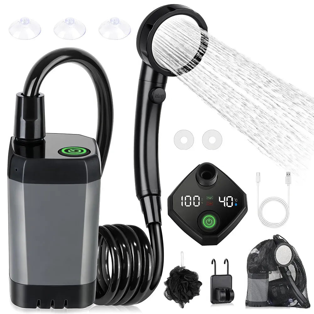 Portable Camping Shower, 6000mAh Rechargeable Grey Shower Pump with LED Display