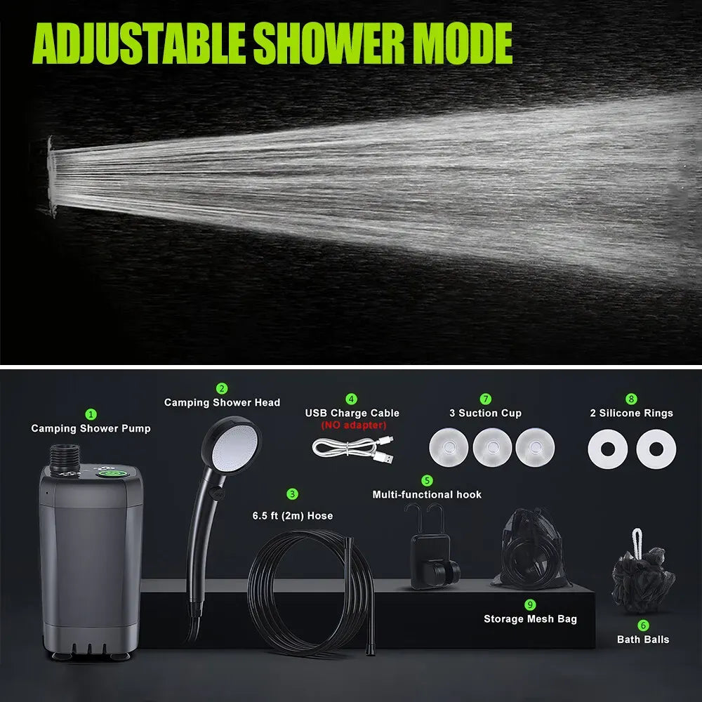 Portable Camping Shower, 6000mAh Rechargeable Grey Shower Pump with LED Display