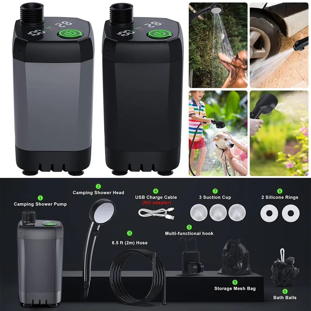 Portable Camping Shower, 6000mAh Rechargeable Grey Shower Pump with LED Display
